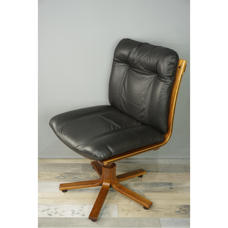 Vintage swivel office chair in wood and leather - 1970s