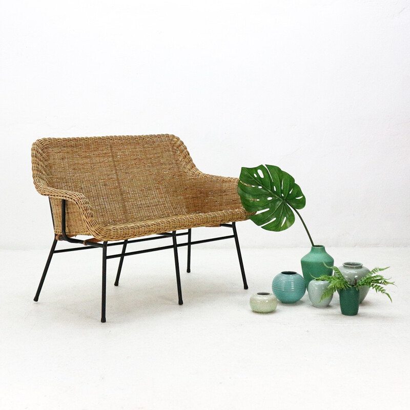 Vintage Modern Rattan Bench - 1950s