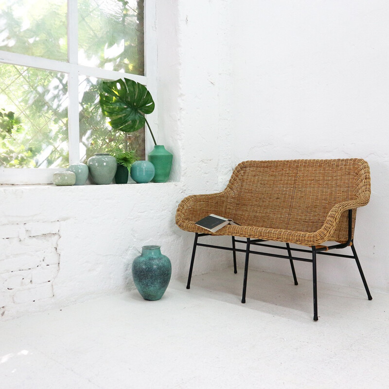 Vintage Modern Rattan Bench - 1950s