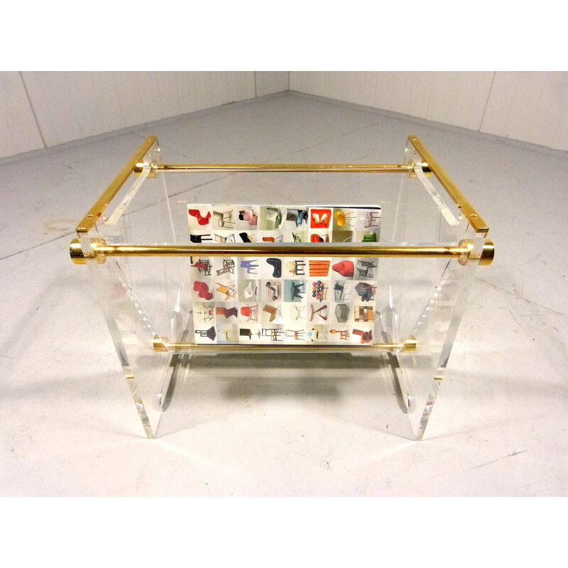 Vintage Magazine Holder in Plexiglass & Brass - 1970s