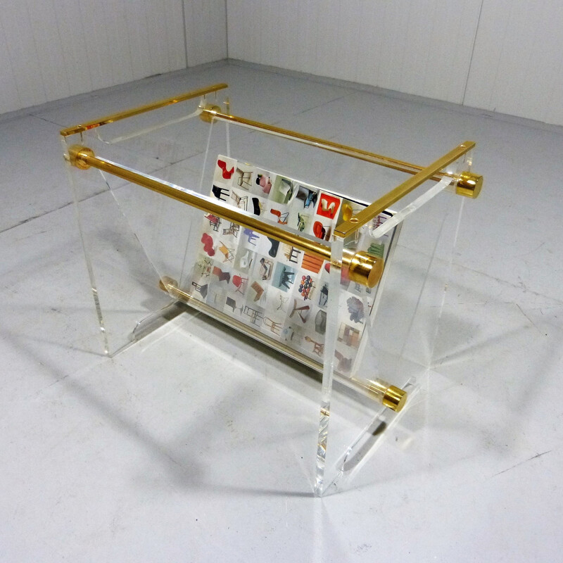 Vintage Magazine Holder in Plexiglass & Brass - 1970s