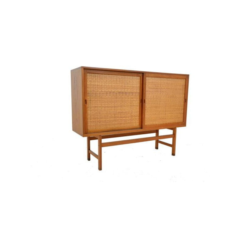 Vintage highboard in oak & rattan by Hans Wegner for Ry Mobler - 1960s