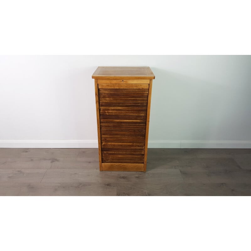 Vintage Tambour Door Oak Veneer Cabinet with Drawers - 1950s