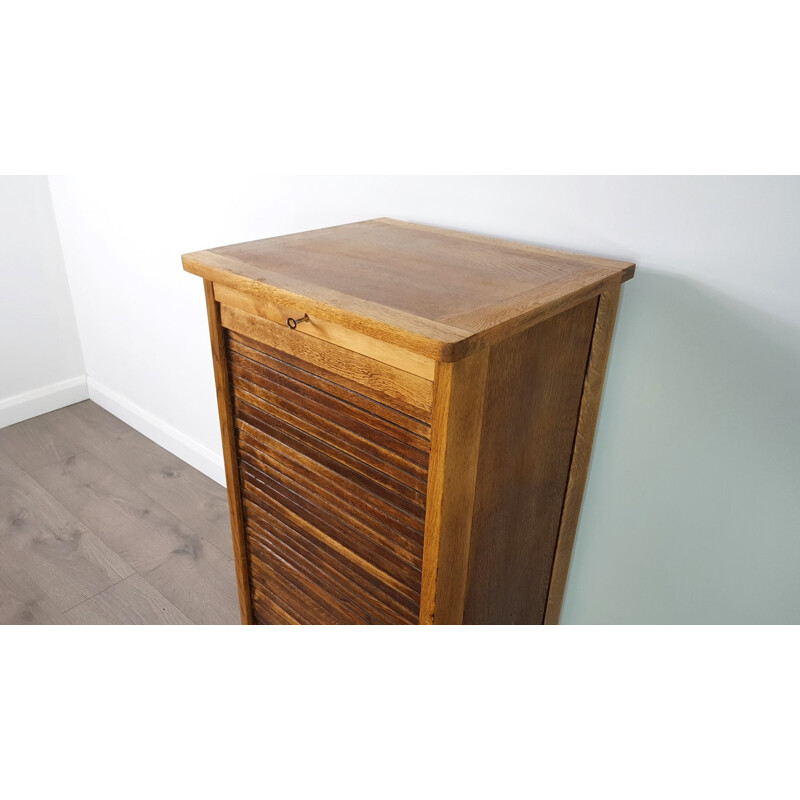 Vintage Tambour Door Oak Veneer Cabinet with Drawers - 1950s