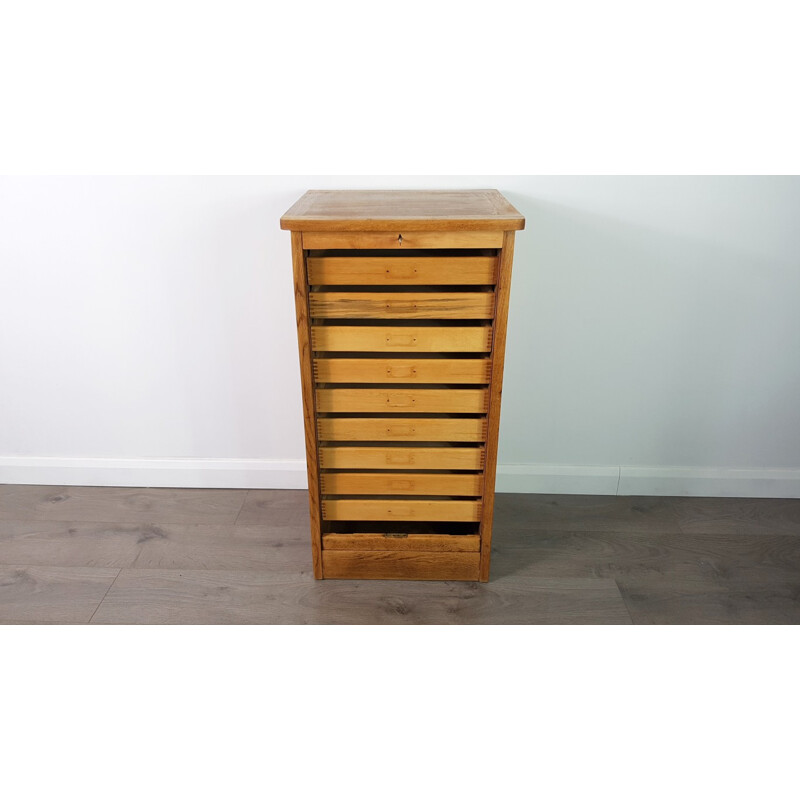 Vintage Tambour Door Oak Veneer Cabinet with Drawers - 1950s