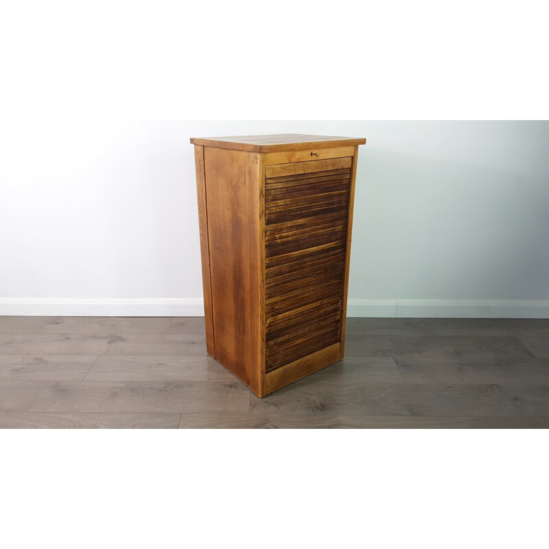 Vintage Tambour Door Oak Veneer Cabinet with Drawers - 1950s