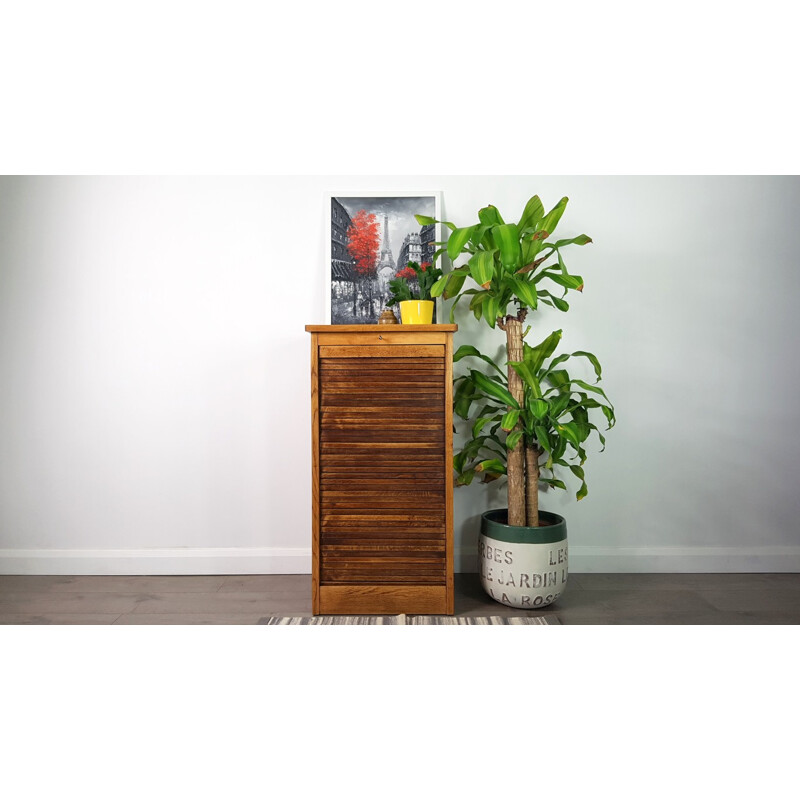 Vintage Tambour Door Oak Veneer Cabinet with Drawers - 1950s