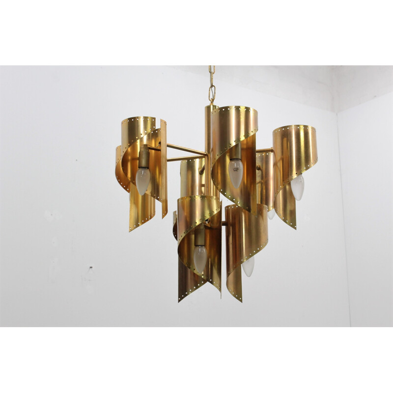 Vintage golden brass 9 lights chandelier by Gaetano Sciolari - 1970s