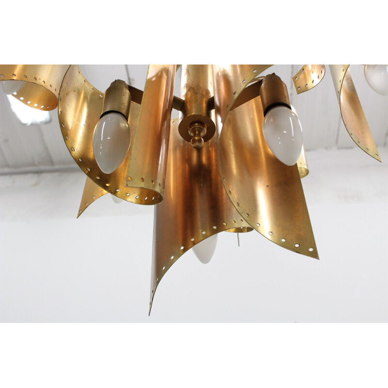 Vintage golden brass 9 lights chandelier by Gaetano Sciolari - 1970s