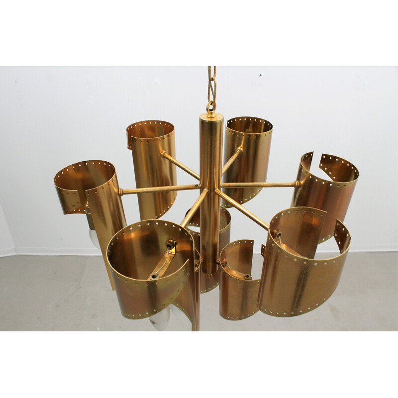 Vintage golden brass 9 lights chandelier by Gaetano Sciolari - 1970s