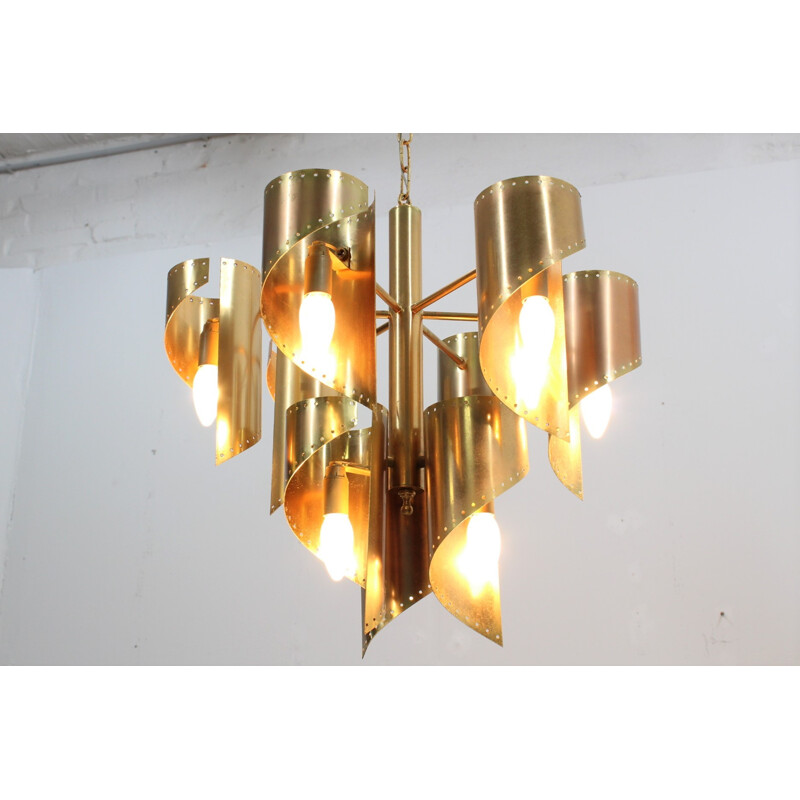 Vintage golden brass 9 lights chandelier by Gaetano Sciolari - 1970s