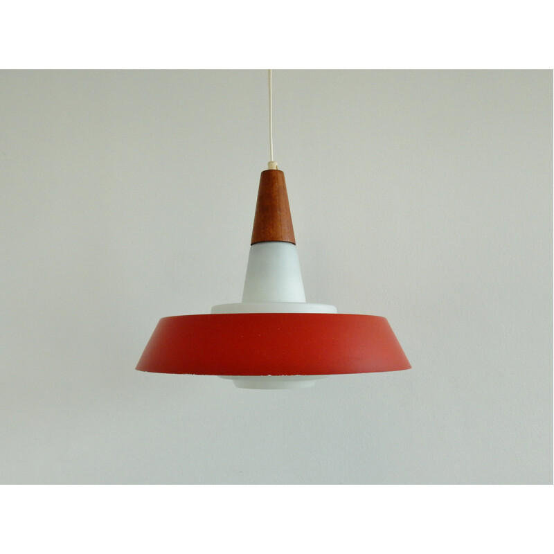 Vintage opal glass, teak and red lacquered metal pendant lamp, Denmark 1960