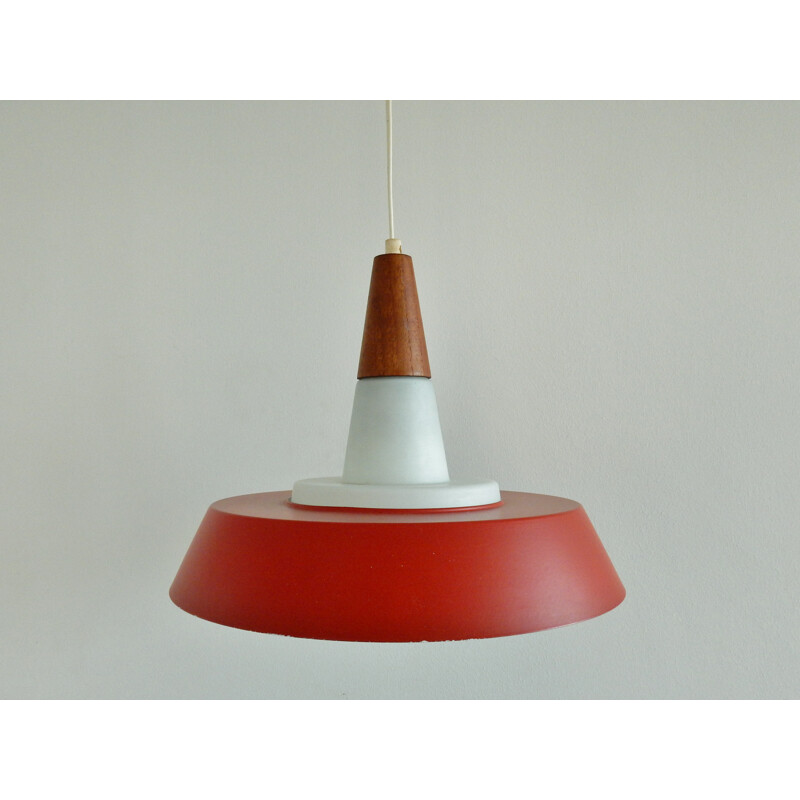 Vintage opal glass, teak and red lacquered metal pendant lamp, Denmark 1960
