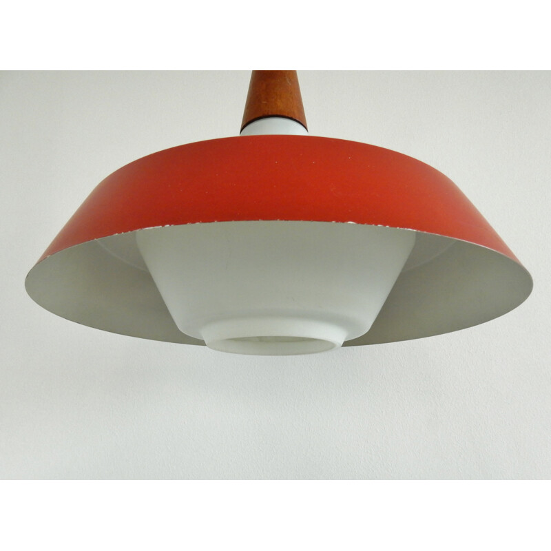 Vintage opal glass, teak and red lacquered metal pendant lamp, Denmark 1960