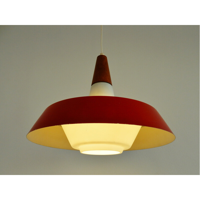 Vintage opal glass, teak and red lacquered metal pendant lamp, Denmark 1960