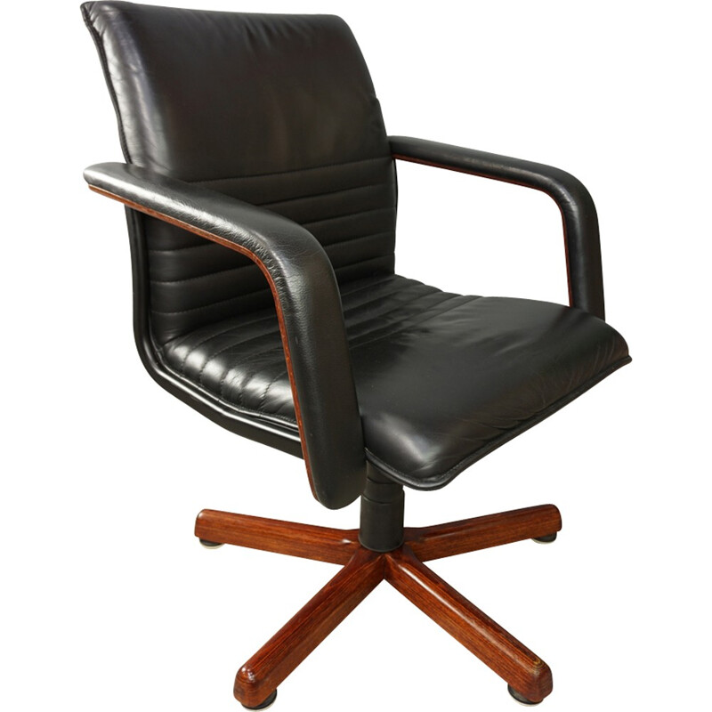 Vintage swivel office chair in wood and leather - 1960s