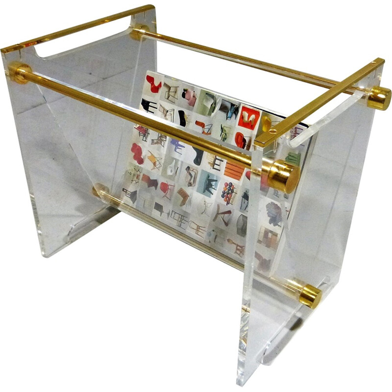 Vintage Magazine Holder in Plexiglass & Brass - 1970s