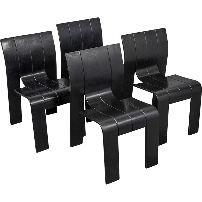 Set of 4 Strip Chairs in Black by Gijs Bakker for Castelijn - 1970s