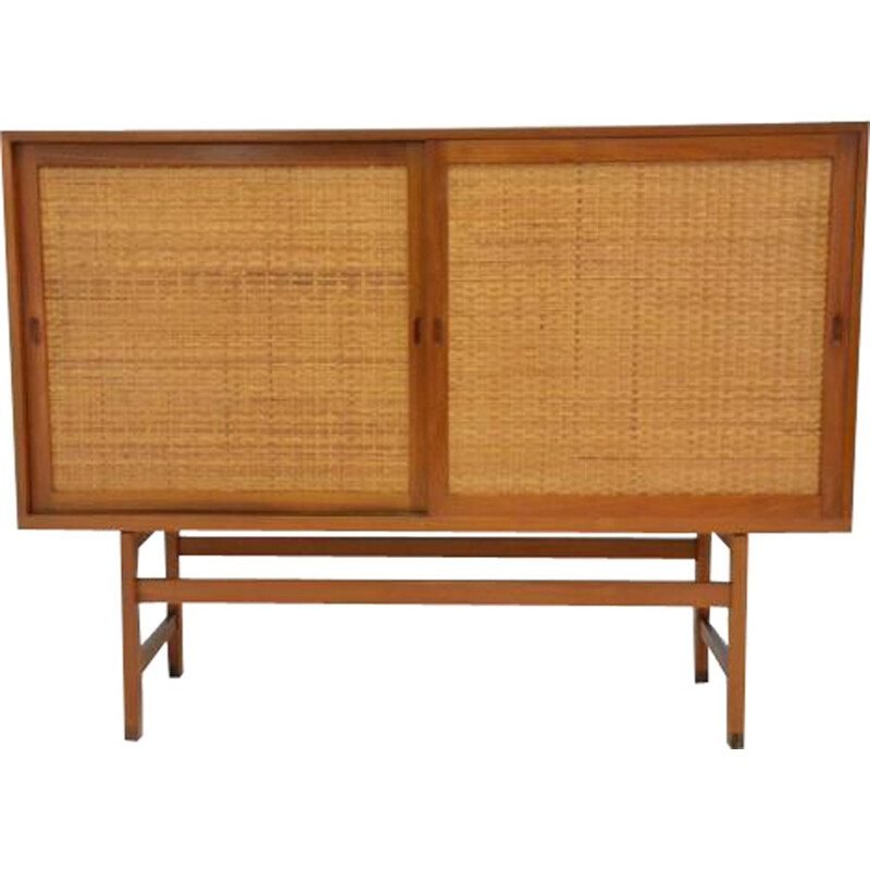 Vintage highboard in oak & rattan by Hans Wegner for Ry Mobler - 1960s