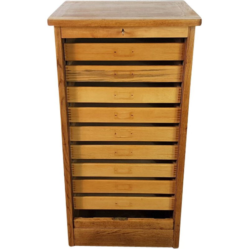 Vintage Tambour Door Oak Veneer Cabinet with Drawers - 1950s