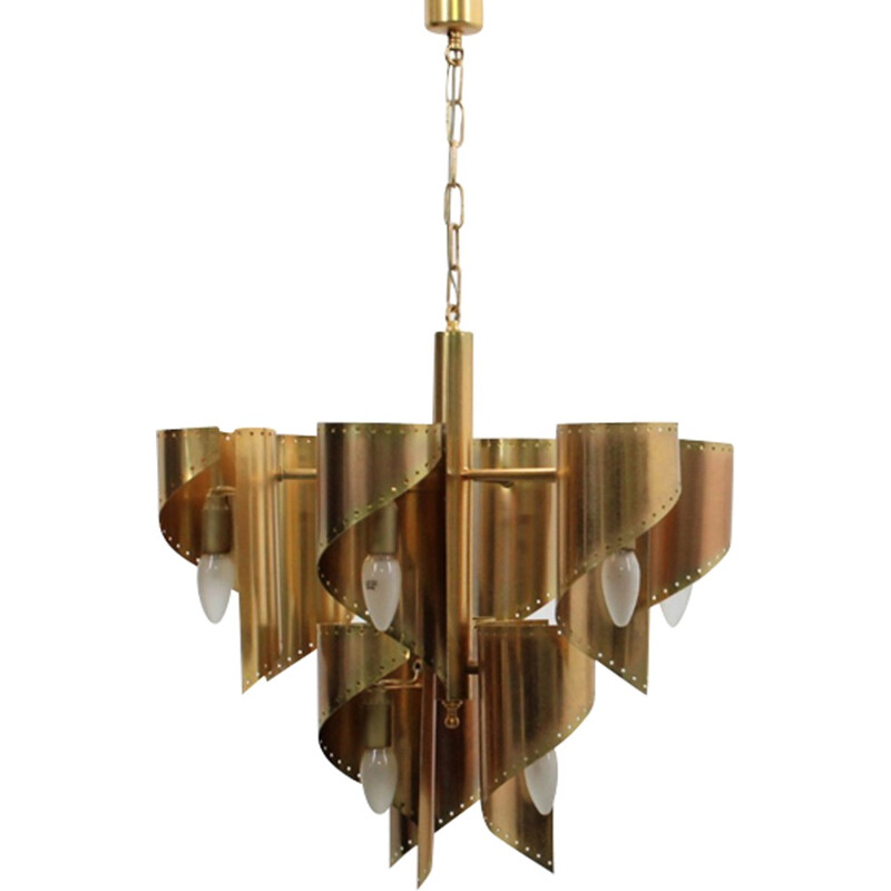 Vintage golden brass 9 lights chandelier by Gaetano Sciolari - 1970s