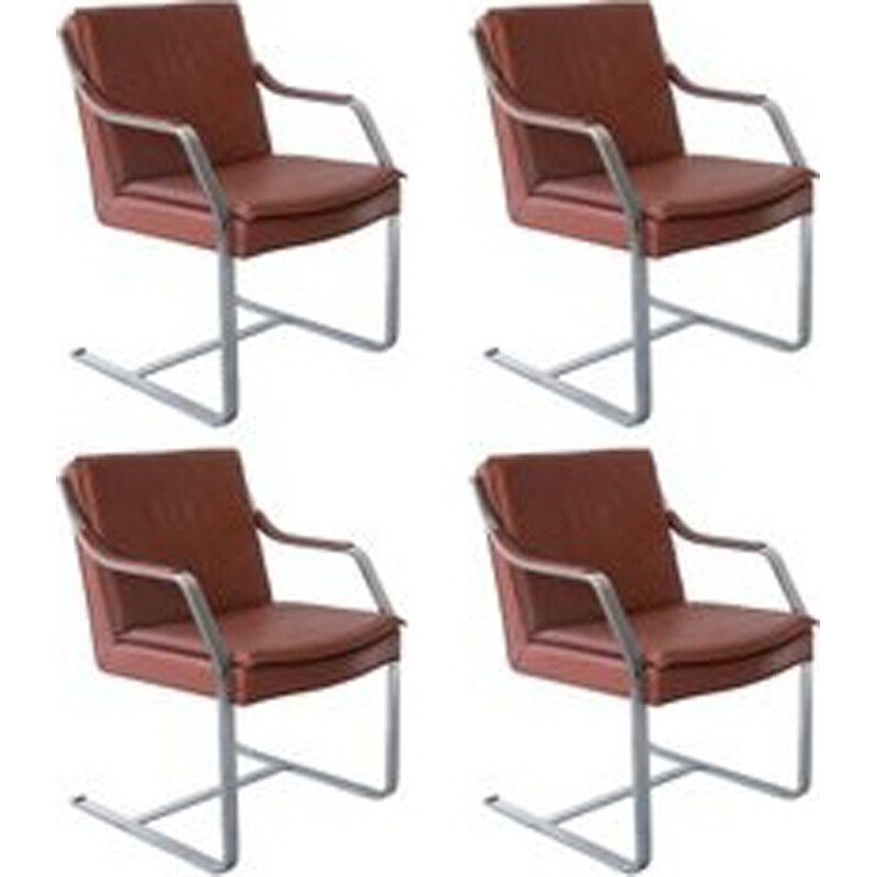 suite de 4 fauteuils vintage en cuir marron camel par Rudolf Bernd Glatzel pour Walter Knoll - 1970