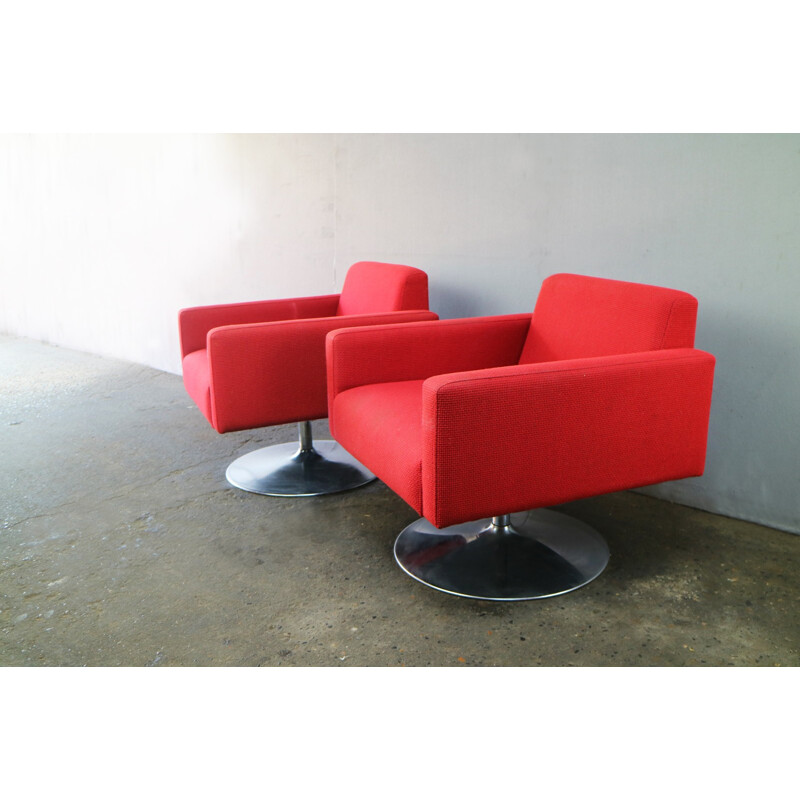 Vintage pair of bright red swivel armchairs - 1970s