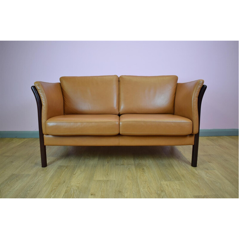 Vintage Retro Danish Skalma Tan Leather 2 Seat Sofa Settee Loveseat - 1990s