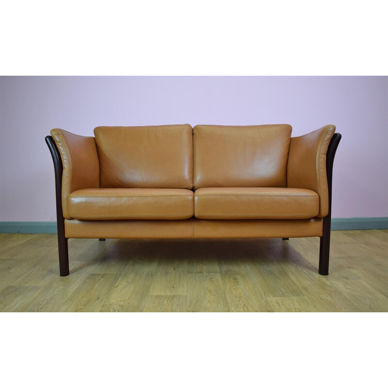 Vintage Retro Danish Skalma Tan Leather 2 Seat Sofa Settee Loveseat - 1990s