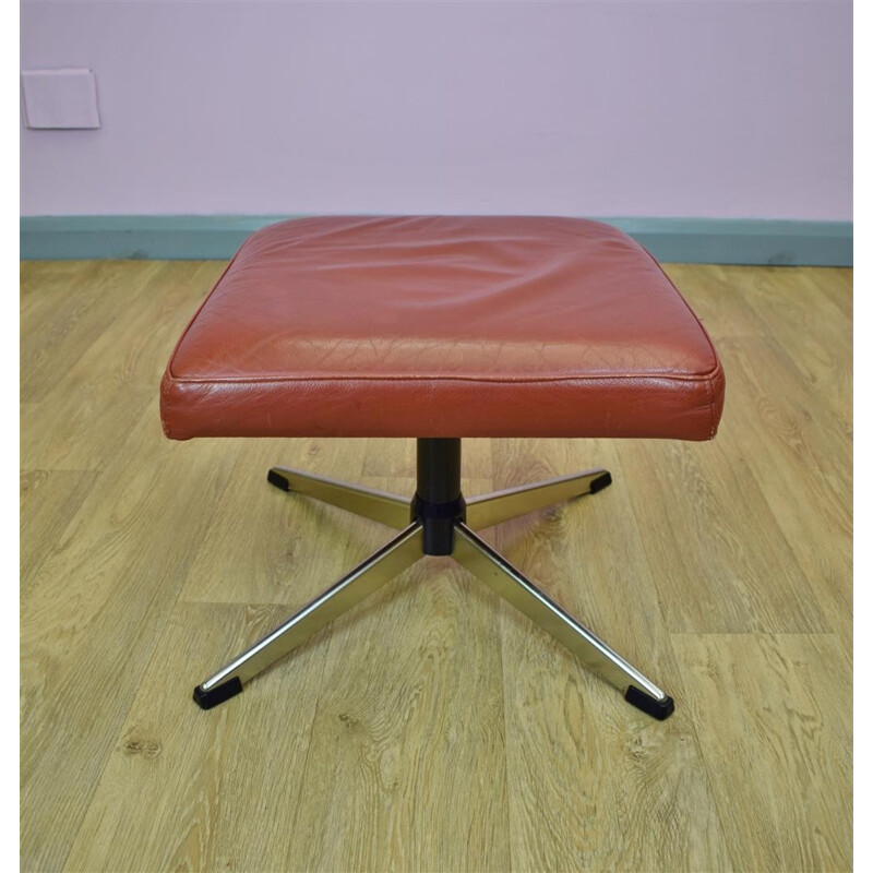 Vintage Retro Danish Red Leather Swivel Foot Stool Ottoman - 1970s