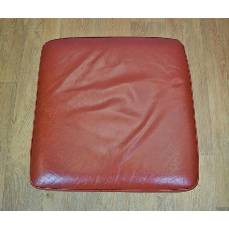 Vintage Retro Danish Red Leather Swivel Foot Stool Ottoman - 1970s