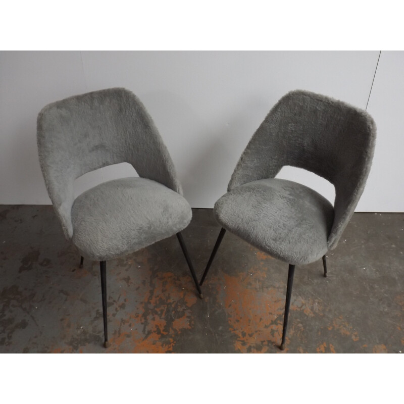 Suite de 2 chaises à repas grises vintage françaises - 1950