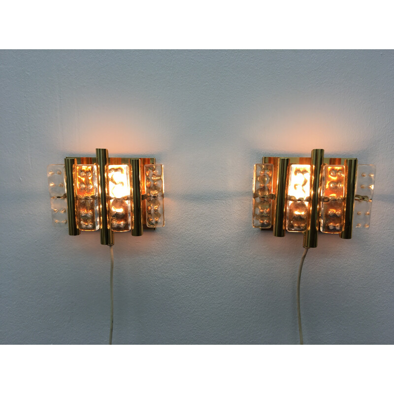 Vintage pair of brass and glass wall lamps by Carl Fagerlund for Lyfa - 1960s