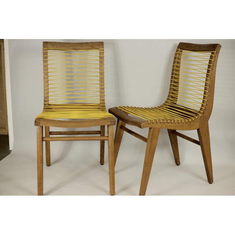 Set of 4 vintage yellow french chairs in oak & sadroplast by Louis Sognot  - 1955