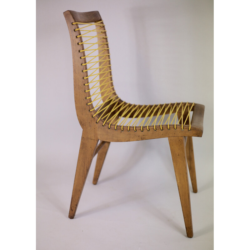 Set of 4 vintage yellow french chairs in oak & sadroplast by Louis Sognot  - 1955