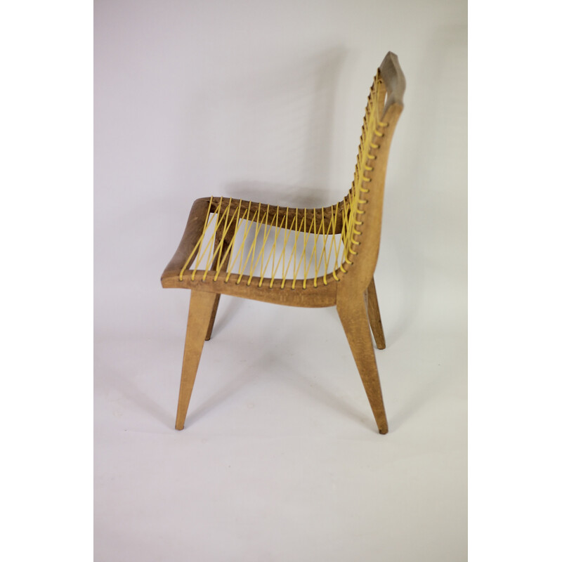 Set of 4 vintage yellow french chairs in oak & sadroplast by Louis Sognot  - 1955