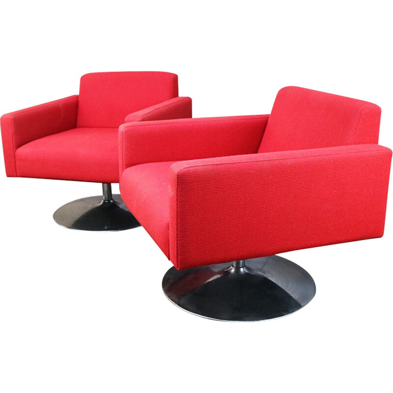 Vintage pair of bright red swivel armchairs - 1970s