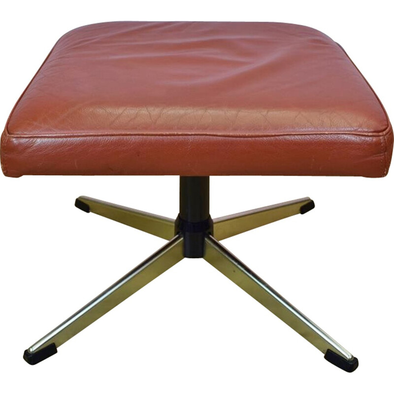 Vintage Retro Danish Red Leather Swivel Foot Stool Ottoman - 1970s