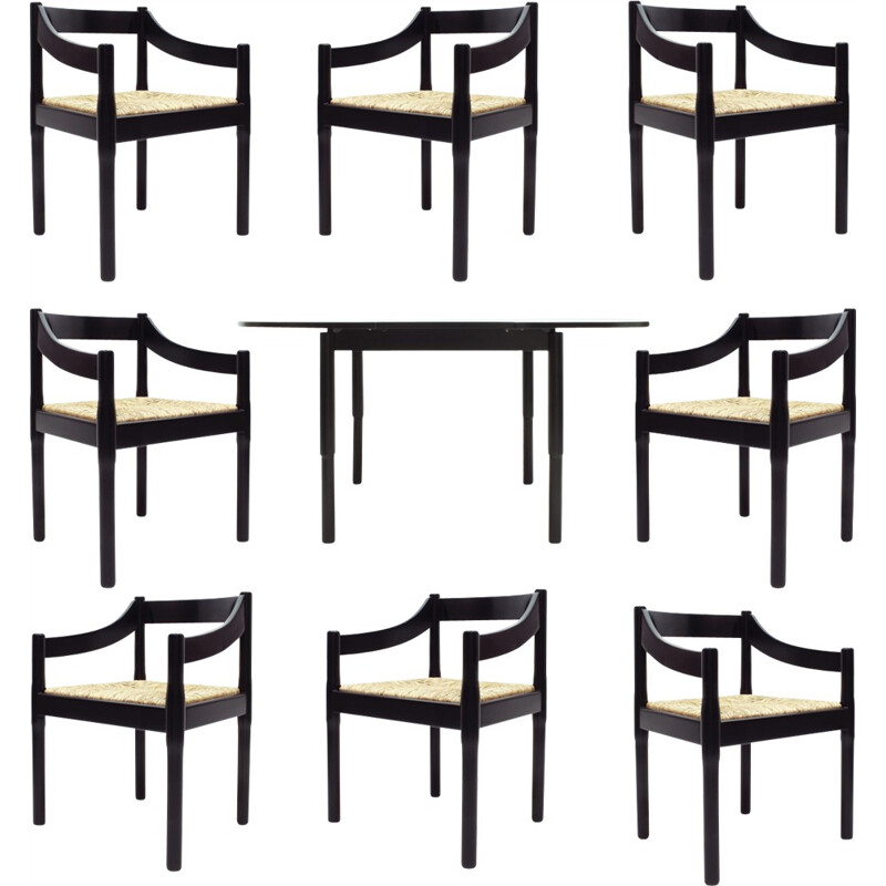 Ensemble table et fauteuils noirs "Carimate" par Vico Magistretti pour Cassina - 1960