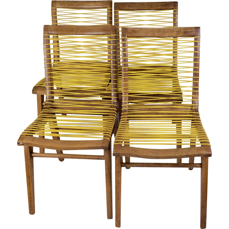 Set of 4 vintage yellow french chairs in oak & sadroplast by Louis Sognot  - 1955