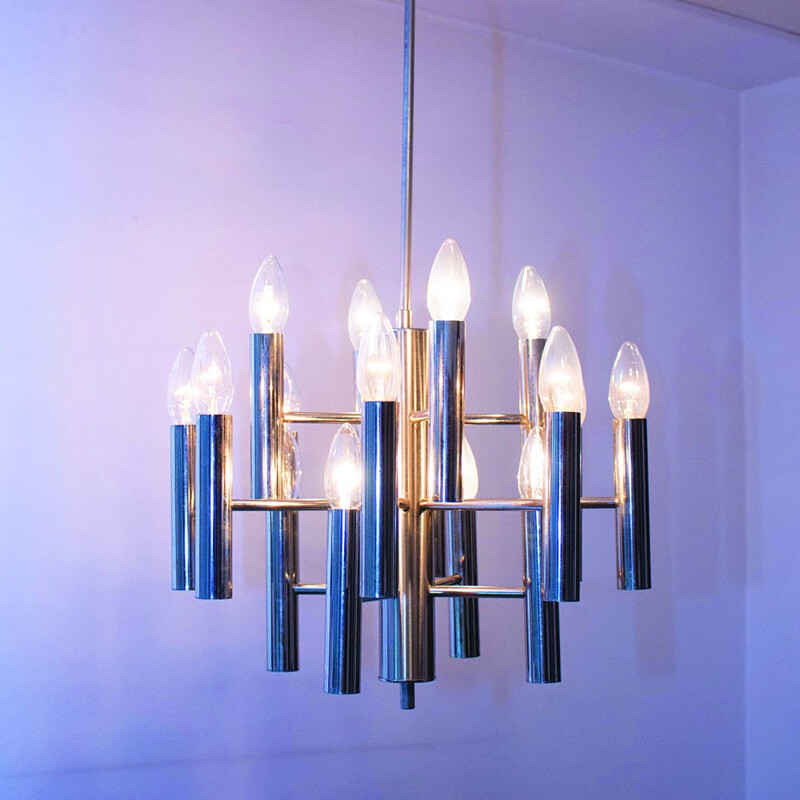 Vintage 16 lightbulbs geometrical chrome chandelier - 1960s