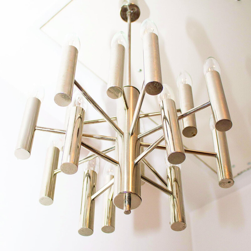 Vintage 16 lightbulbs geometrical chrome chandelier - 1960s