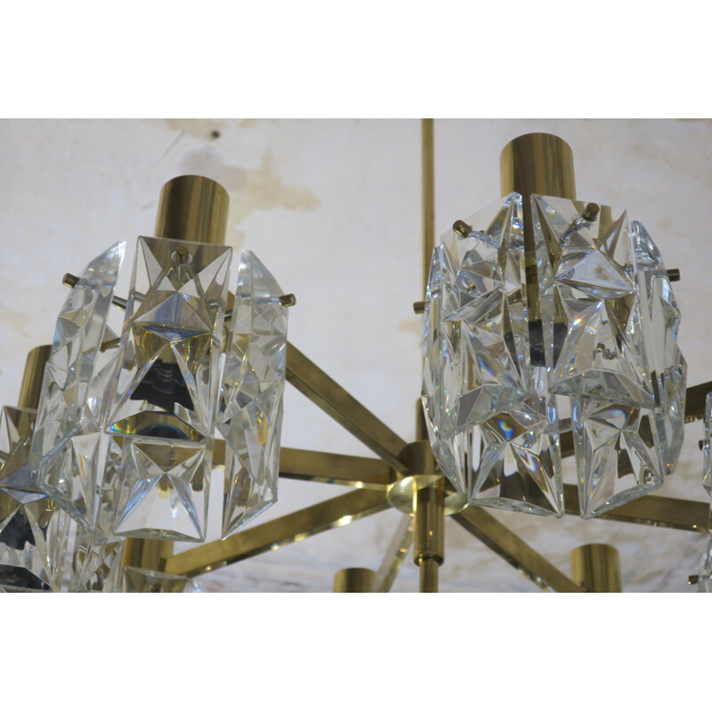 Vintage Large Geometrical Faceted Glass and Brass Chandelier by Kinkeldey - 1960s