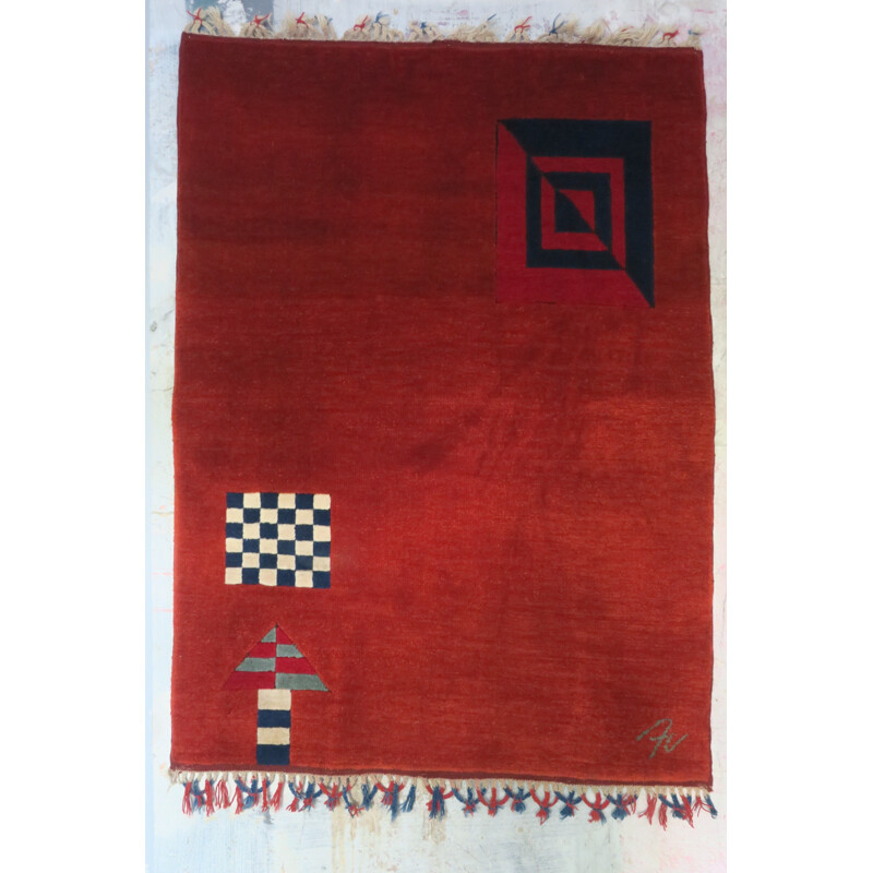 Vintage Bauhaus geometric hand-knotted rug - 1980s