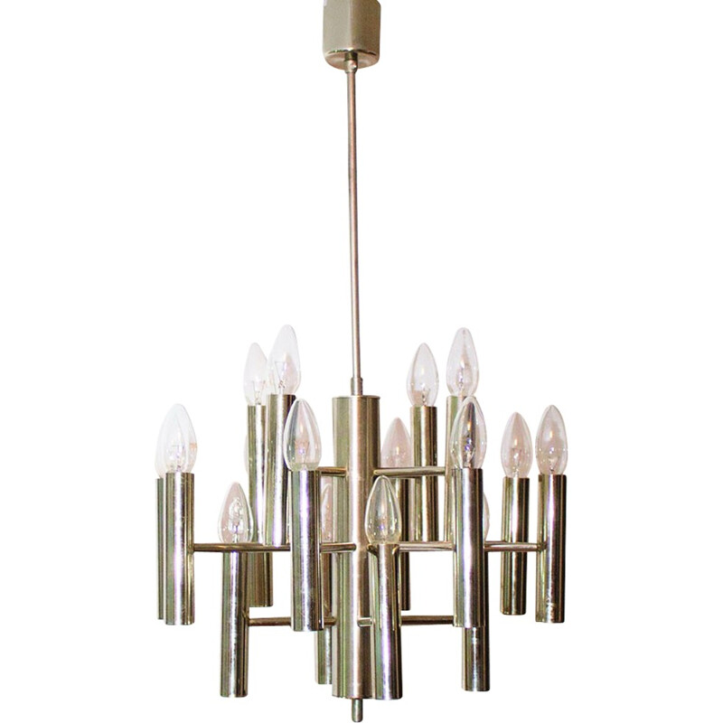 Vintage 16 lightbulbs geometrical chrome chandelier - 1960s