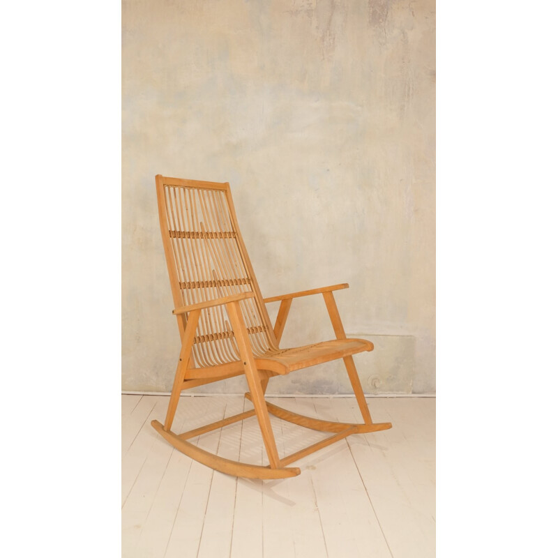 Vintage Rocking Chair in rattan and wood - 1960s
