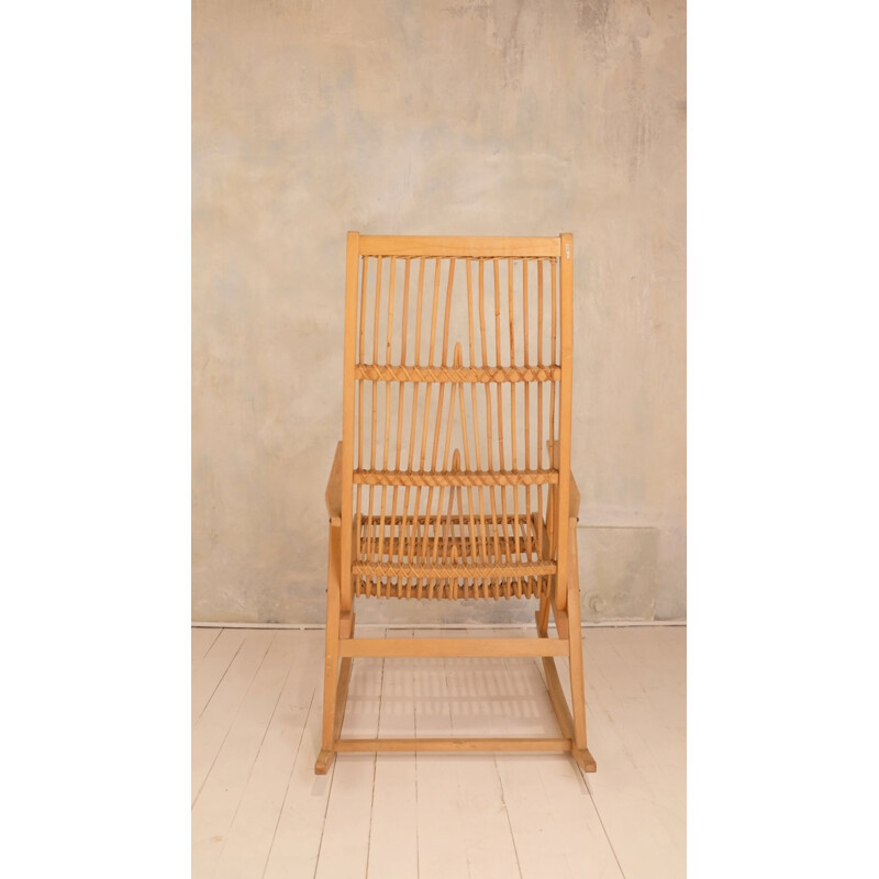 Vintage Rocking Chair in rattan and wood - 1960s