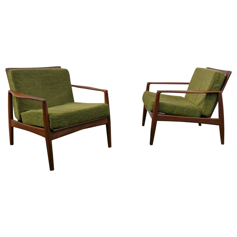 Pair of scandinavian armchairs in teak and green velvet - 1960s