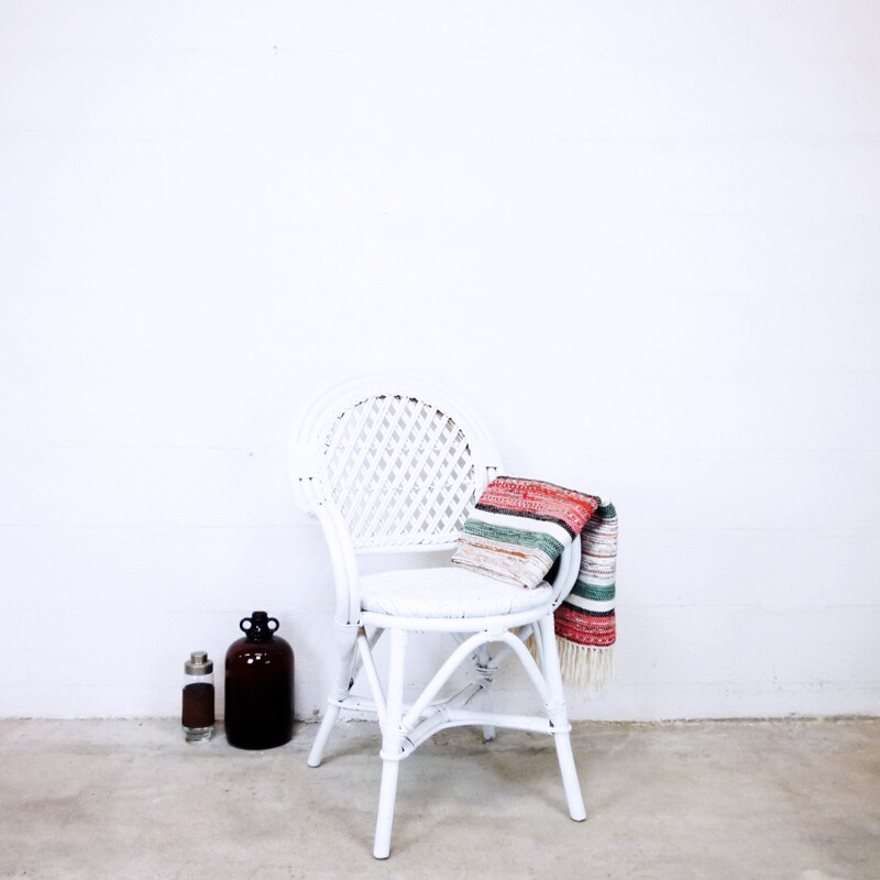 Vintage white wicker rattan armchair - 1980s