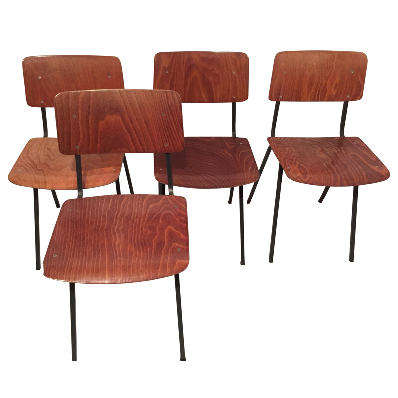 Suite de 4 chaises industrielles bois et metal - 1960